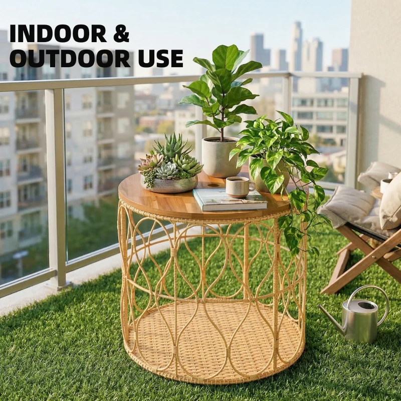 Outsunny Bijzettafel Ø50 cm weerbestendig Tuintafel met rotanlook Acaciahouten tafelblad verstelbare voetjes Teak