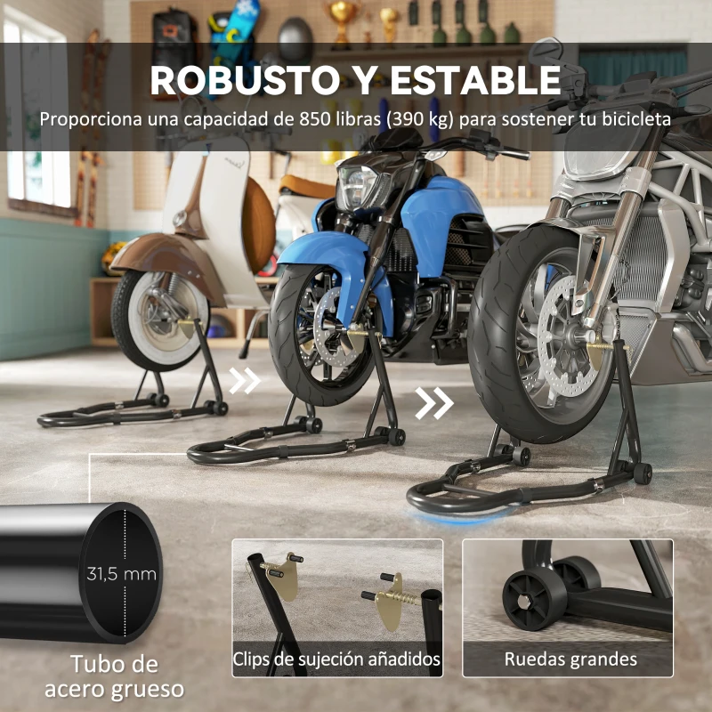 HOMCOM Caballete de Moto Carga 390 kg Soporte Delantero y Trasera Universal Elevador de Moto de Acero con Ruedas Negro
