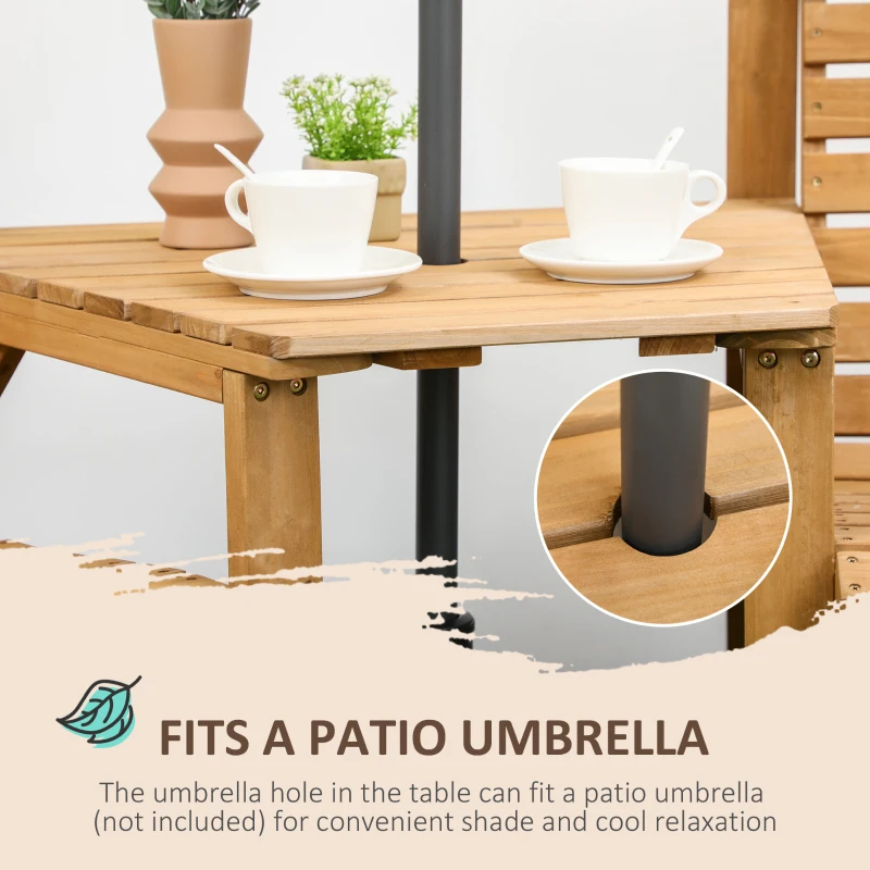 Outsunny Zestaw Balkonowy 3-częściowy z Drewna, Odporne na Warunki Atmosferyczne, Zestaw Mebli Ogrodowych z Lamelkowym Designem, Otwór na Parasol, Brązowy