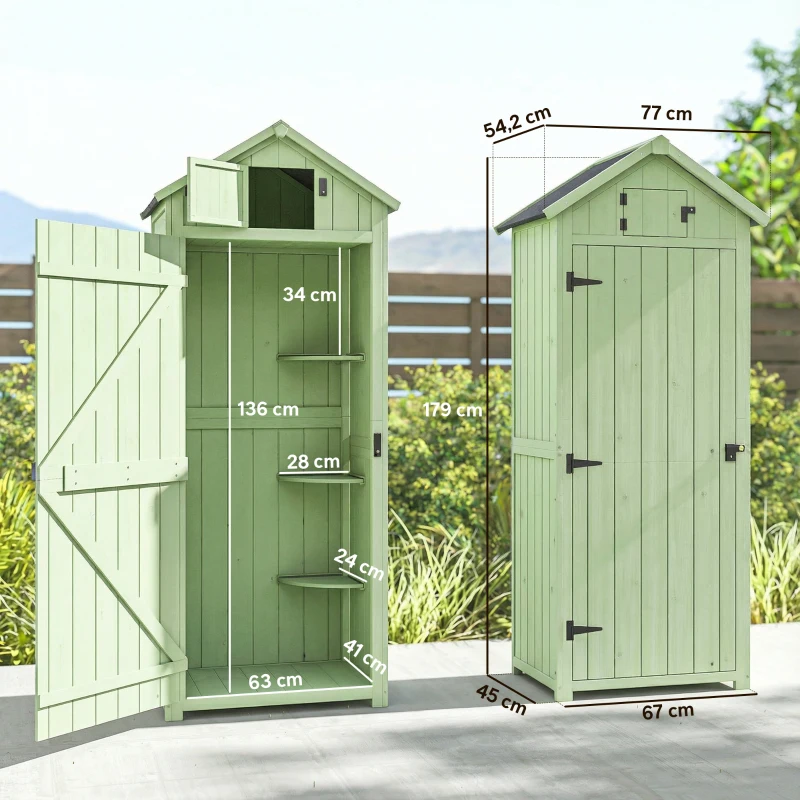 Outsunny Armário de Jardim de Madeira - Cobertizo de Arrumação com Prateleiras 77x54,2x179 cm Verde
