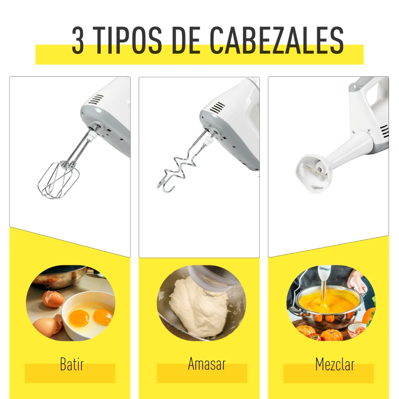 HOMCOM Batedeira de Pastelaria Profissional Multifuncional Robô de Cozinha 3.4 litros com 6 velocidades Inclui 3 cabeças 300 W de aço inoxidável branco