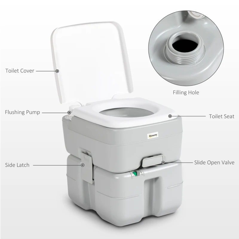 Outsunny Vas de toaletă portabil 20L cu indicator de nivel Sarcină 150 kg pentru camping, călătorii, seniori, rulotă, barcă 33x40x43 cm Gri