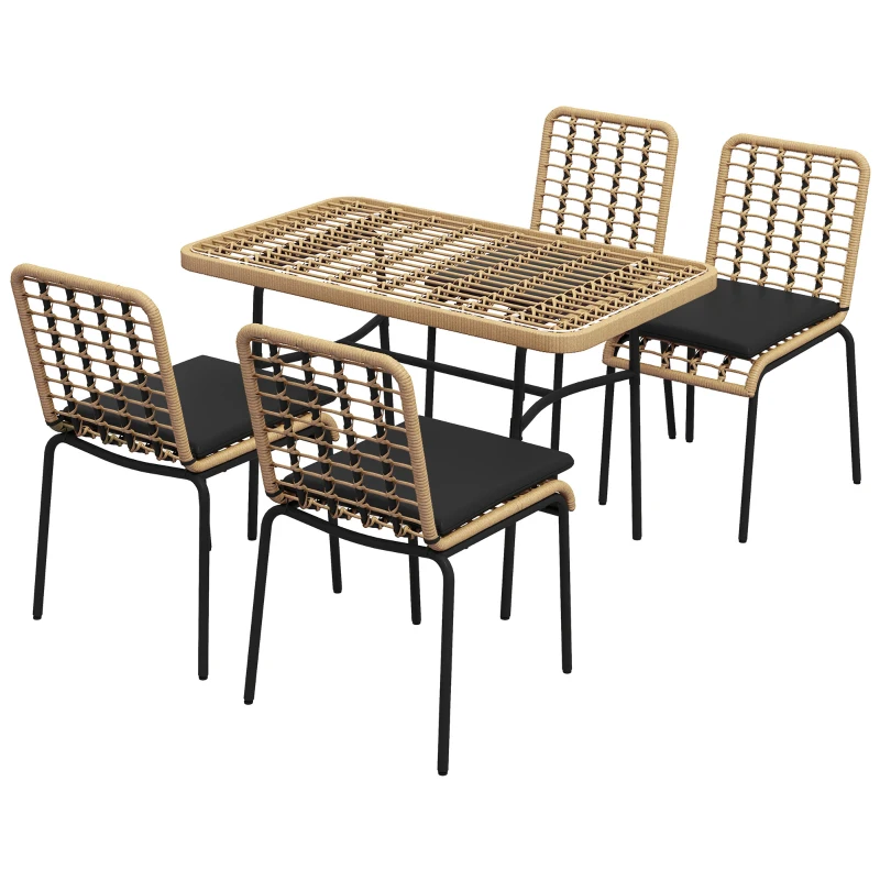 Outsunny Ensemble table et 4 chaise de jardin, 5 pièces en résine tressée, métal noir et verre trempé - coussins inclus