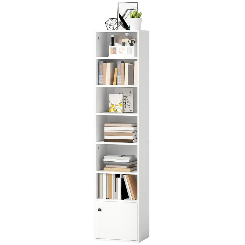 HOMCOM 7-stufiges Bücherregal Modernes Regal mit offenen Regalböden und Tür 40x30x180 cm Weiß