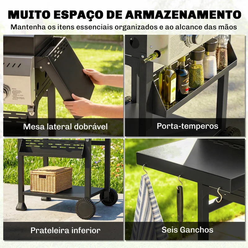 Outsunny Barbecue a Gás com 3 Queimadores 9 kW Termómetro Mesas Laterais Dobráveis e 2 Rodas Ganchos Preto