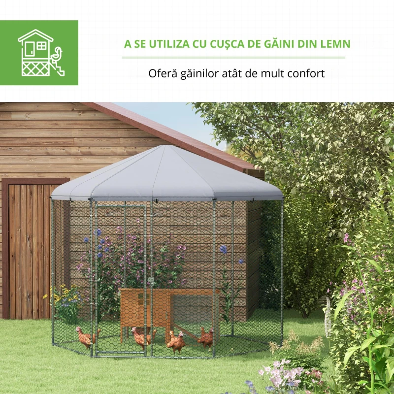 PawHut Țarc pentru găini exterior 5 m² parc cu plasă dim. 2,8L x 2,45l x 2,46H - spațiu acoperit - 5/8 găini