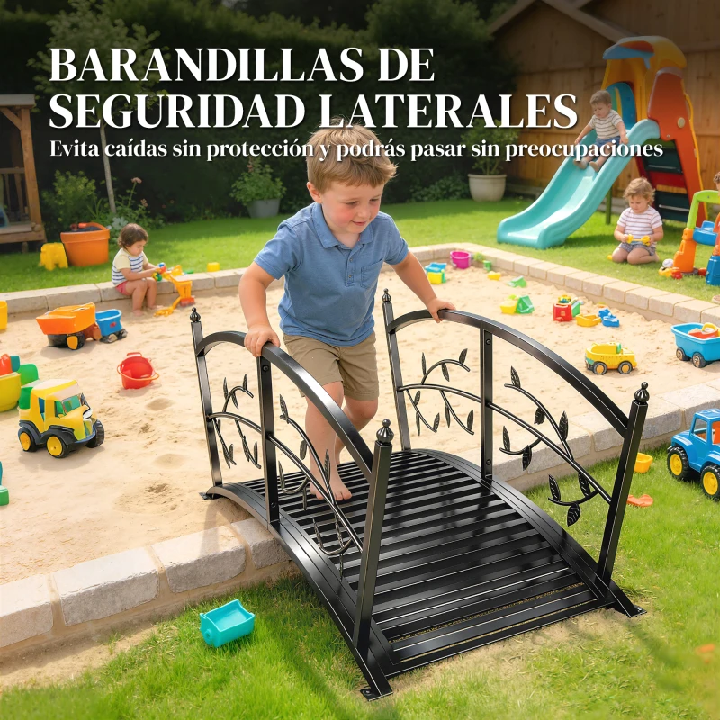 Outsunny Puente de Jardín Metálico 1,2 m Puente Decorativo para Estanques con Barandillas de Seguridad y Diseño de Hojas Negro