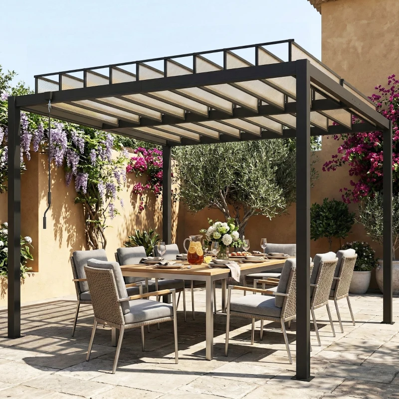 Outsunny 3 x 3 m Louvered Pergola with PC Roof, Aluminium Patio Gazebo Pergola Canopy with Drainage Gutters, Handle, Coffee