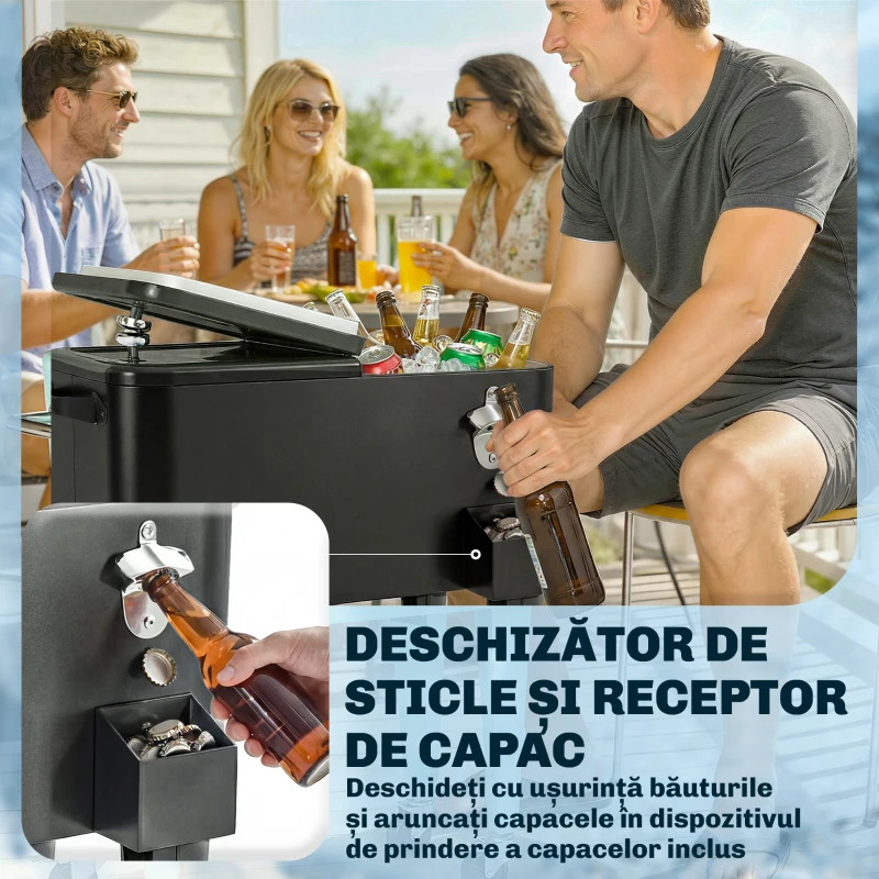 Outsunny Cărucior Frigider 76L cu raft, Deschizător de sticle și Colector de capace, din Plastic și Oțel, 91x39x84.5 cm, Negru