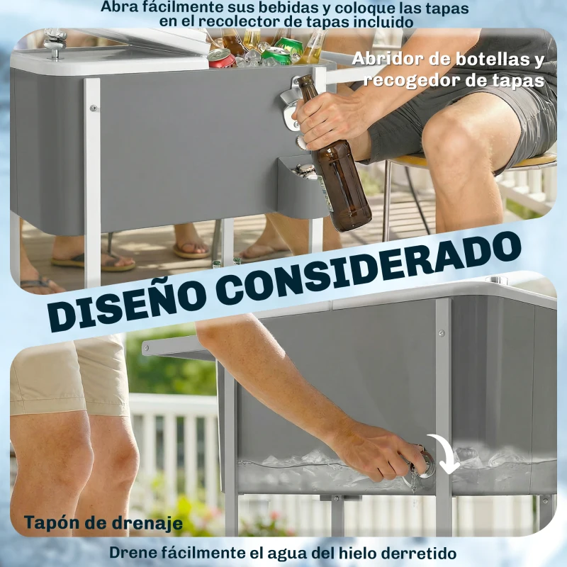 Outsunny Carrito Nevera de 56L con Ruedas Estante Abrebotellas Recogetapas Drenaje y Asa para Patio Fiesta 84x38x83 cm Gris