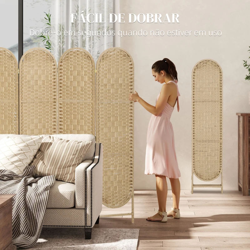 HOMCOM Biombo Separador de 4 Painéis 160x170 cm Painel de Privacidade Dobrável Boémio com Topo Arqueado Entrançado à Mão Madeira