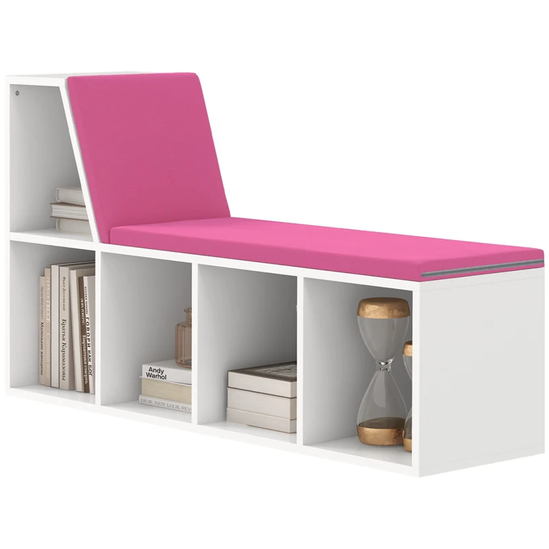 HOMCOM 2-in-1 Bücherregal mit Sitzbank, 5 Aufbewahrungsfächer und 2 Kissen 108 x 30 x 60 cm Weiß/Rosa
