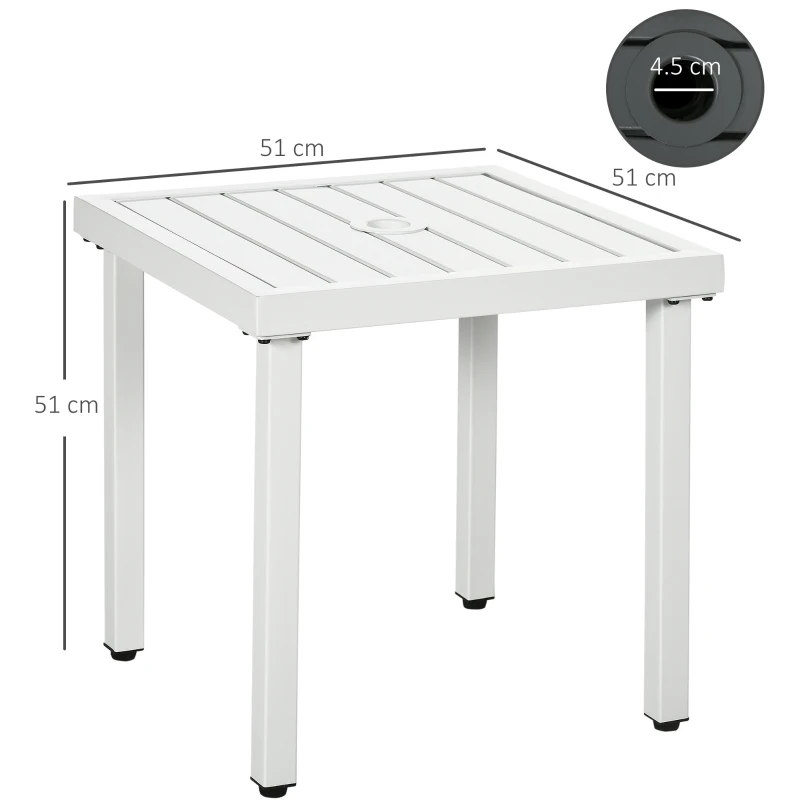 Outsunny Garden Side Table End Table Patio Coffee Table with Umbrella Hole, Steel Frame for Balcony, White