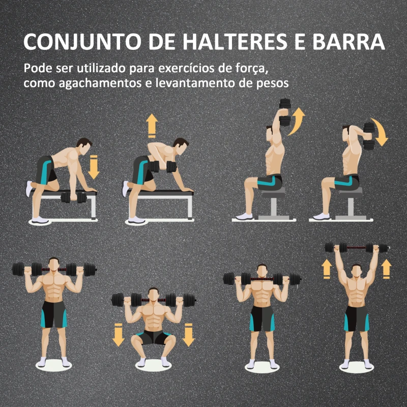 HOMCOM Conjunto de Halteres de 30 kg 2 em 1 com Barras de Conexão e Barra de Extensão Treinamento de Força e Levantamento de Pesos Preto
