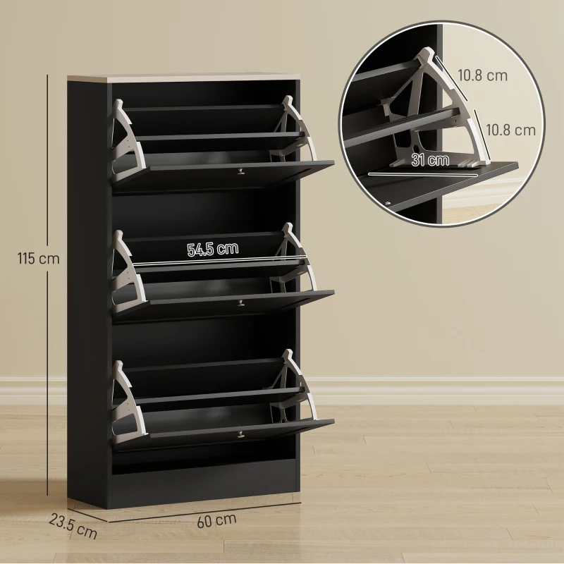 HOMCOM Dulap pentru pantofi economisitor de spațiu, cu 3 sertare și rafturi reglabile pe 2 niveluri, din lemn, 60x23,5x115 cm, negru