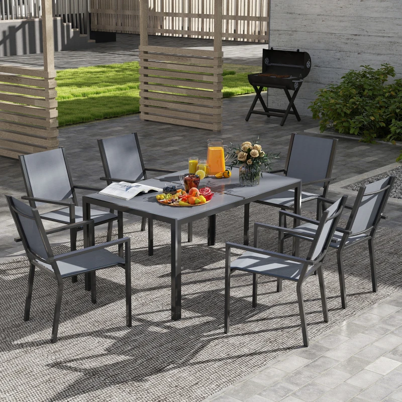 Outsunny Table de jardin extérieure avec 6 chaises empilables, plateau à lattes 150 cm, structure en acier anti-rouille, gris
