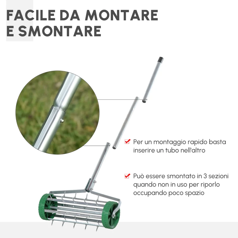Outsunny Rastrello Scarificatore con Ruote da Giardino Ferro zincato 135×42×15cm Verde, argento