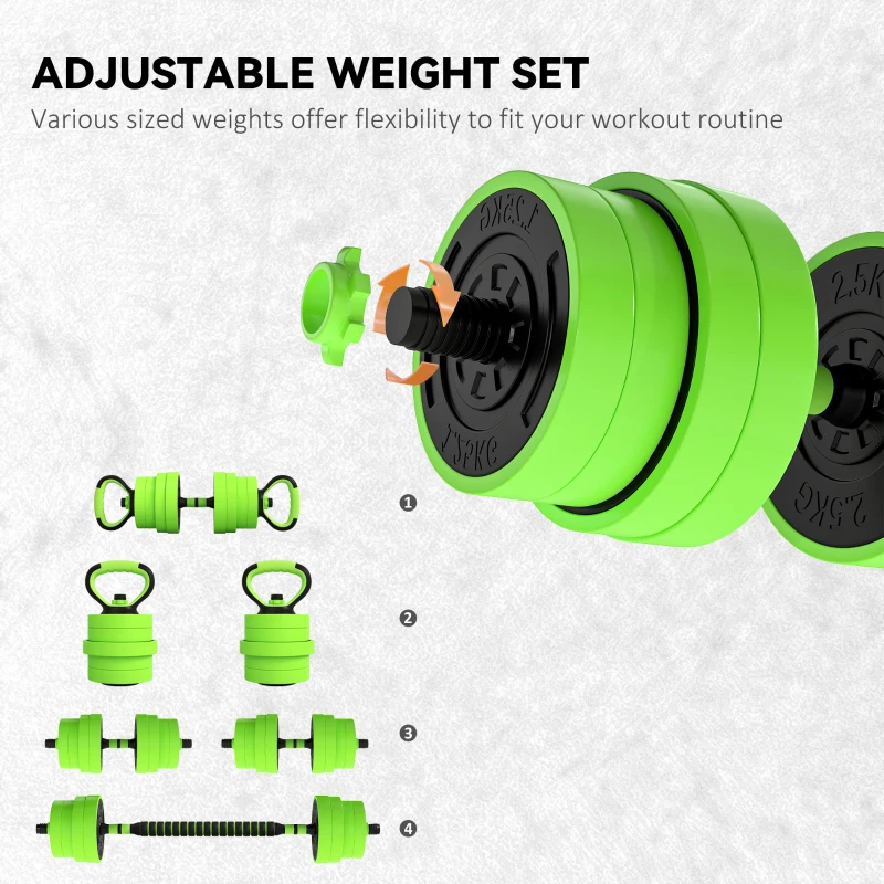 SPORTNOW 30kg 6-In-One Adjustable Weight Dumbbells Set, Barbell, Kettlebell, Push Up Stand - Green