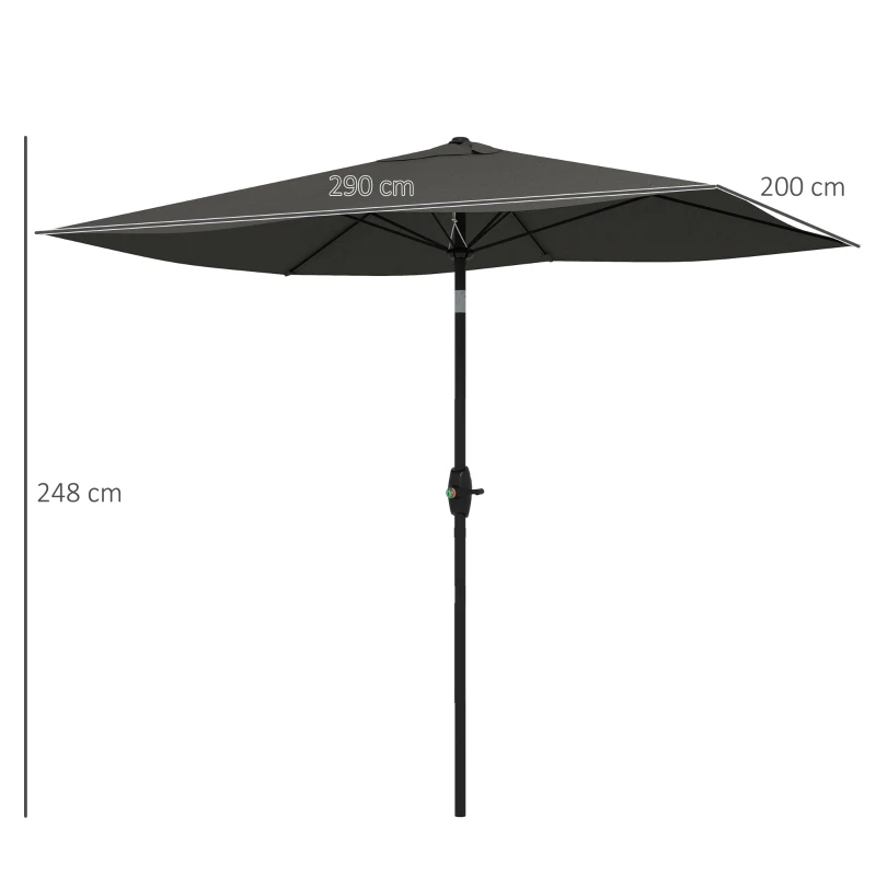 Outsunny Umbrelă de grădină dreptunghiulară 2x3 m, înclinabilă cu deschidere manuală, gri