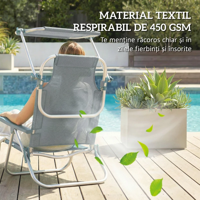 Outsunny Șezlong Reclinabil cu 6 Nivele, Copertină Reglabilă și Tetieră, din Aluminiu și Plasă, 62x68x79, Gri
