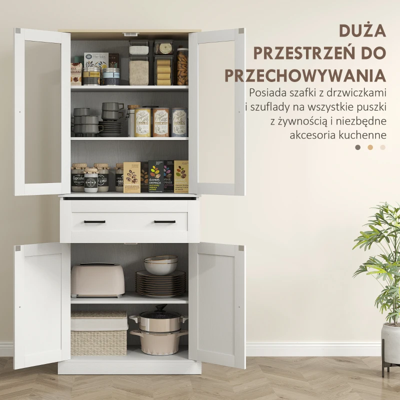 HOMCOM kredens kuchenny z 2 szafkami, drzwiami z akrylowego szkła, regulowaną półką i szufladą. Szafka do kuchni, salonu, jadalni, kremowobiała, 76 x 40 x 182,5 cm