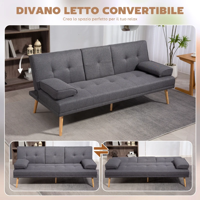 HOMCOM Divano Letto 3 Posti Reclinabile con 2 Braccioli Staccabili, in Tessuto Effetto Lino e Legno di Pioppo, 181x77x78 cm
