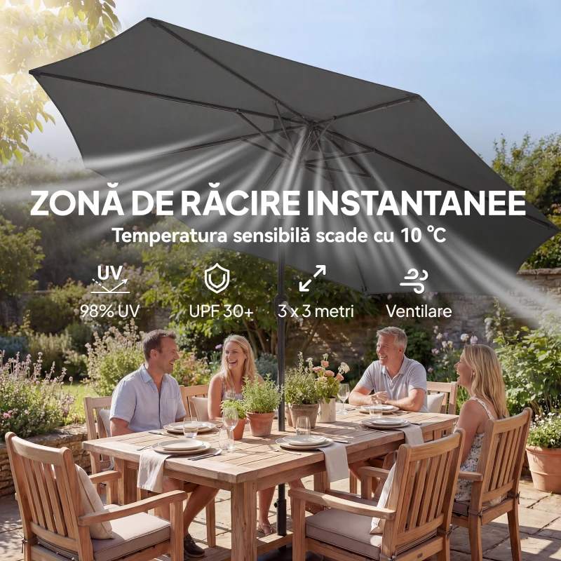 Outsunny Umbrelă de Soare Rotundă Inclinabilă 3x3 m cu Manivelă, din Metal și Poliester, Gri Închis