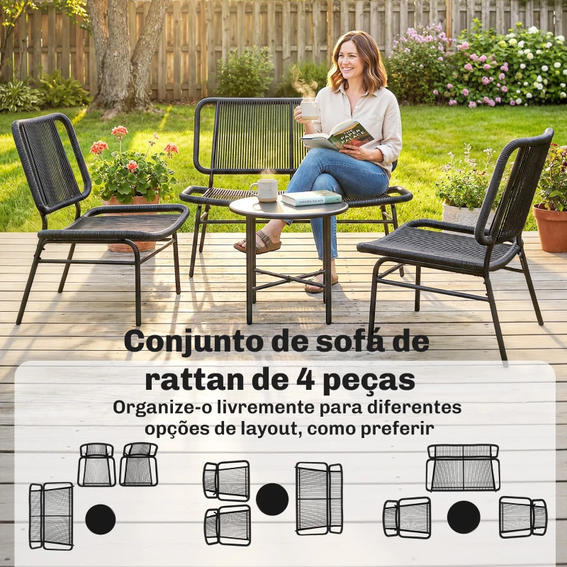 Outsunny Conjunto Jardim de Vime com 4 Peças Inclui Sofá de 2 Lugares 2 Poltronas e Mesa de Centro com Tampo Metálico Preto