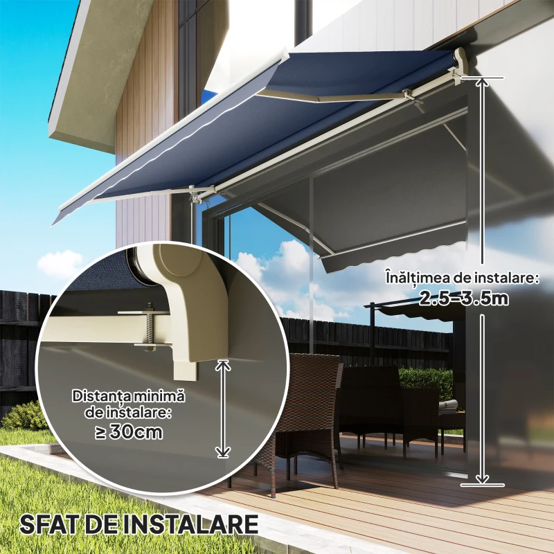 Outsunny Copertină Retractabilă pentru Exterior cu Manivelă, 360x250 cm, Gri