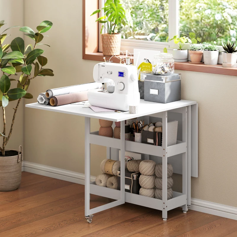 HOMCOM Industrial Folding Dining Table, Drop Leaf Table with Open Compartments for Small Spaces, Kitchen, Dining Room, White Wood-Effect