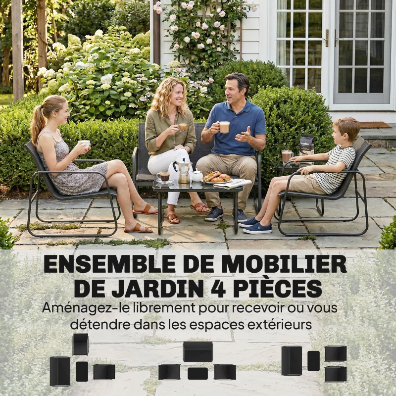 Outsunny Salon de jardin 4 pièces avec canapé, fauteuils et table basse, gris foncé et noir