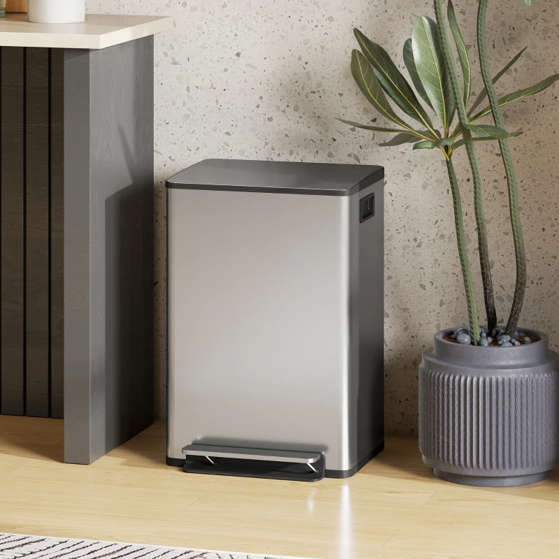 HOMCOM Küchen-Abfalleimer 50 l, Pedal-Mülleimer, herausnehmbarer Inneneimer, Soft-Close-Deckel, 41,7x36,6x62 cm, silber
