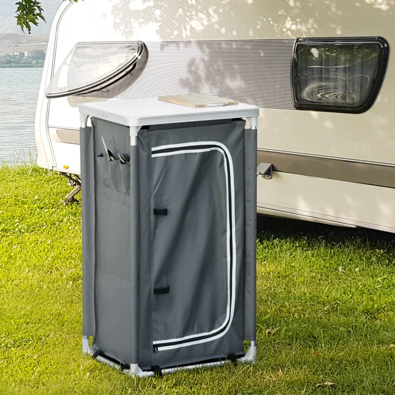 Outsunny Cuisine de camping meuble de camping avec étagères, sac de transport structure en aluminium 60 x 50 x 104,5 cm gris
