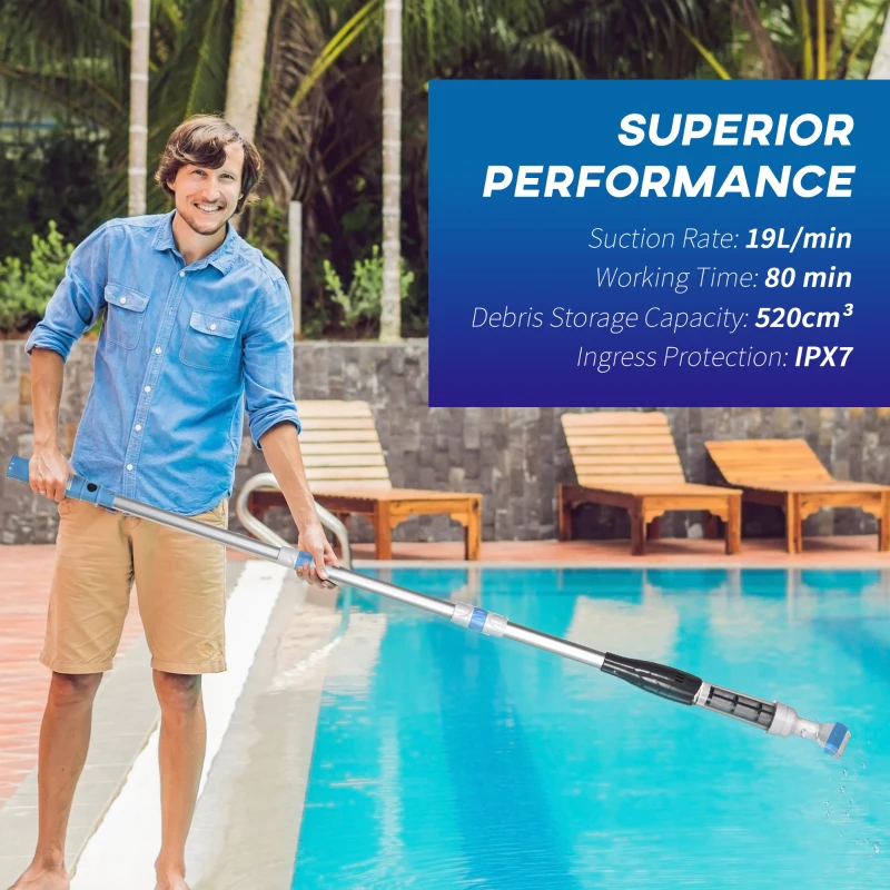 Outsunny Odkurzacz basenowy, bezprzewodowy, 80 Min. pracy, lekki: 800g, 19L wody/min, Aluminium, Ф6 x 106-162 cm