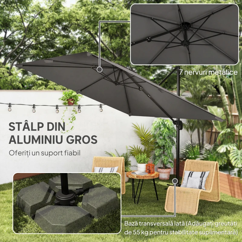 Outsunny Umbrelă de Grădină Decentralizată cu Manivelă 3x3m, Înclinabilă, Rotativă 360°, Umbrelă de Exterior Pătrată cu Bază Cruce, din Aluminiu, pentru Terasă sau Piscină, UV30+, Gri Închis