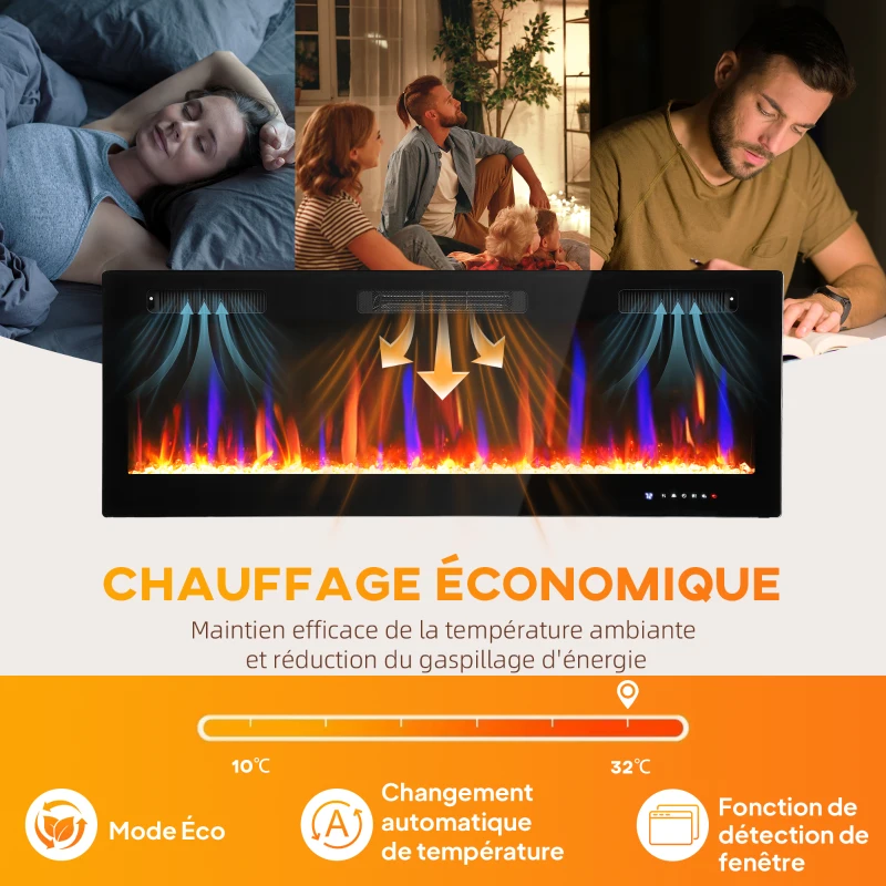 HOMCOM Cheminée électrique mural ou encastrable 900W/1800W, effet flamme à 12 couleurs 5 luminosités, 127 x 9,4 x 47 cm, noir