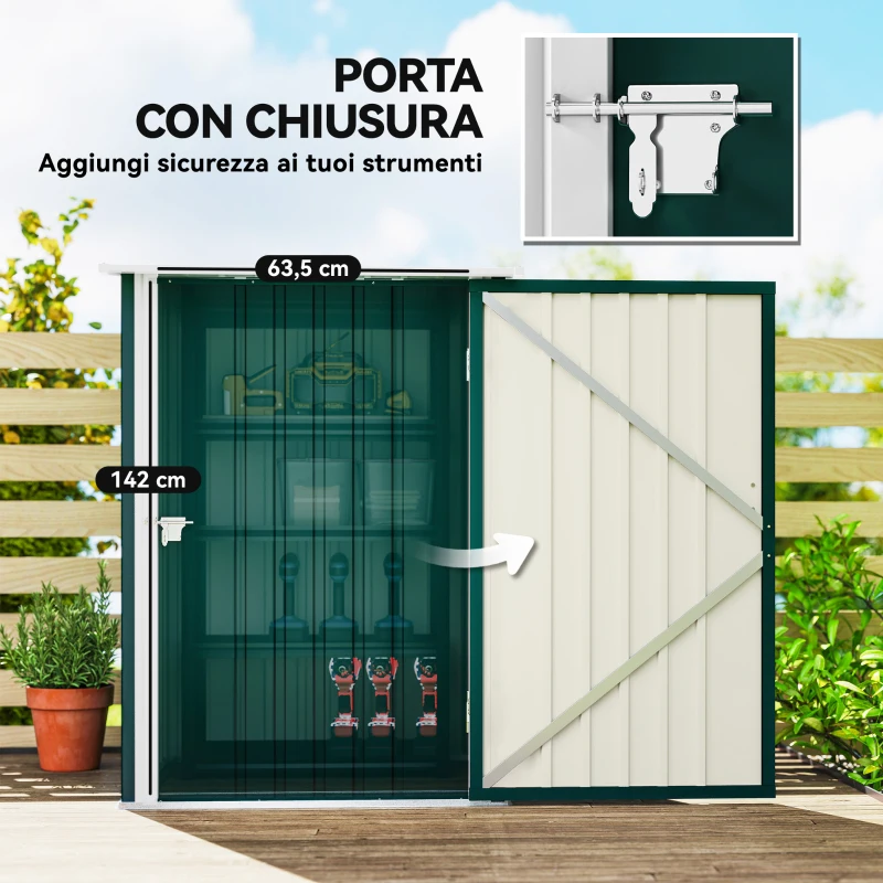 Outsunny Casetta da Giardino Porta Attrezzi in Acciaio Galvanizzato con Porta a Battente, 100x104x160 cm, Verde