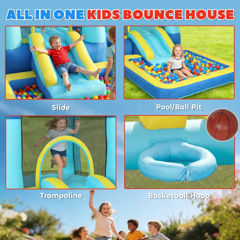 AIYAPLAY Dmuchana zjeżdżalnia z dmuchawą, centrum zabaw z trampoliną, basenem/kulkowym placem zabaw, pistoletem na wodę, 364x173x182 cm, niebieska