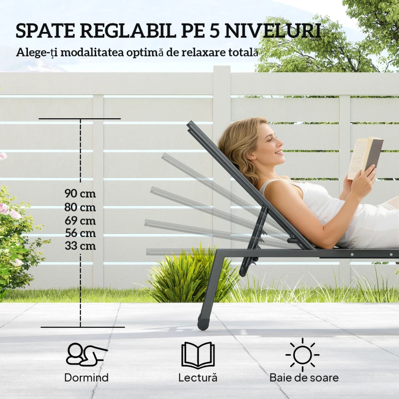 Outsunny Set 2 Șezlonguri Reglabile în 5 Poziții cu Măsuță Laterală și 2 Roți, din Metal și Poliester, Gri