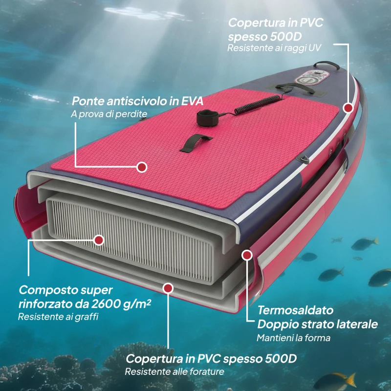 Outsunny Sup Gonfiabile con Sedile, Pagaia e Accessori, in Plastica ed EVA, 335x82x15 cm, Blu e Rosa