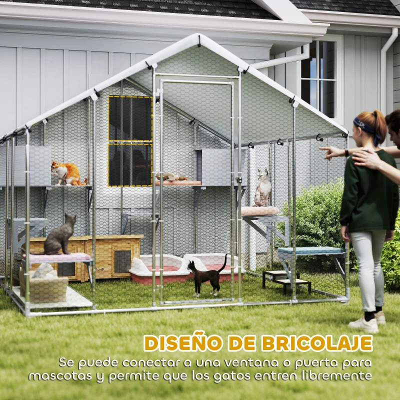 PawHut Jaula Grande para Gatos Exterior con 2 Casitas 7 Plataformas para Saltar Cubierta Impermeable y Anti-UV 240x193x195 cm