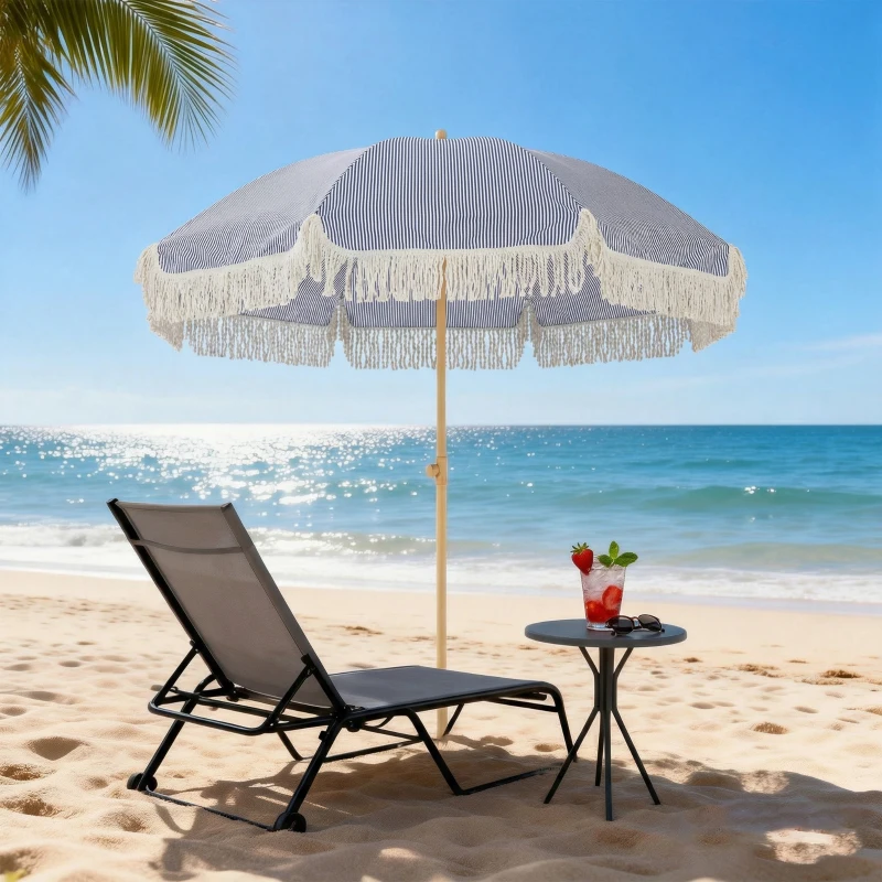 Outsunny 1.7 m Beach Umbrella with Sand Anchor, 30° Tilting Fringed Beach Garden Parasol with Adjustable Height, Blue