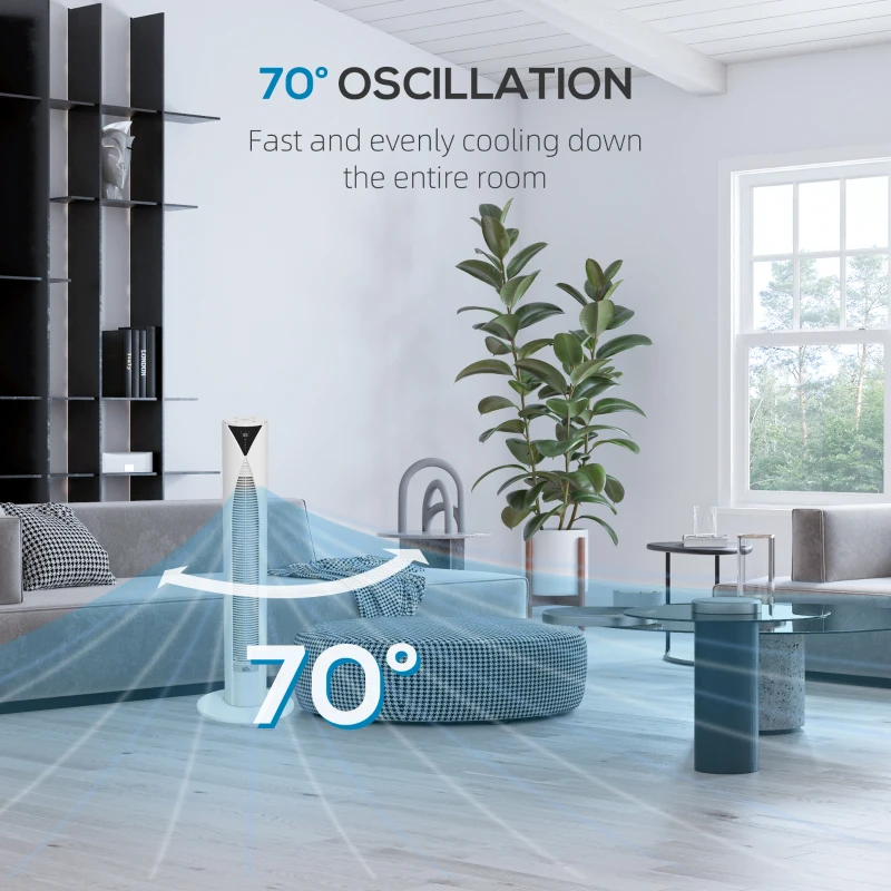 HOMCOM 70° oscylacyjny wentylator kolumnowy z pilotem 4 tryby, 3 prędkości, timer 31,5 x 31,5 x 96 cm biały