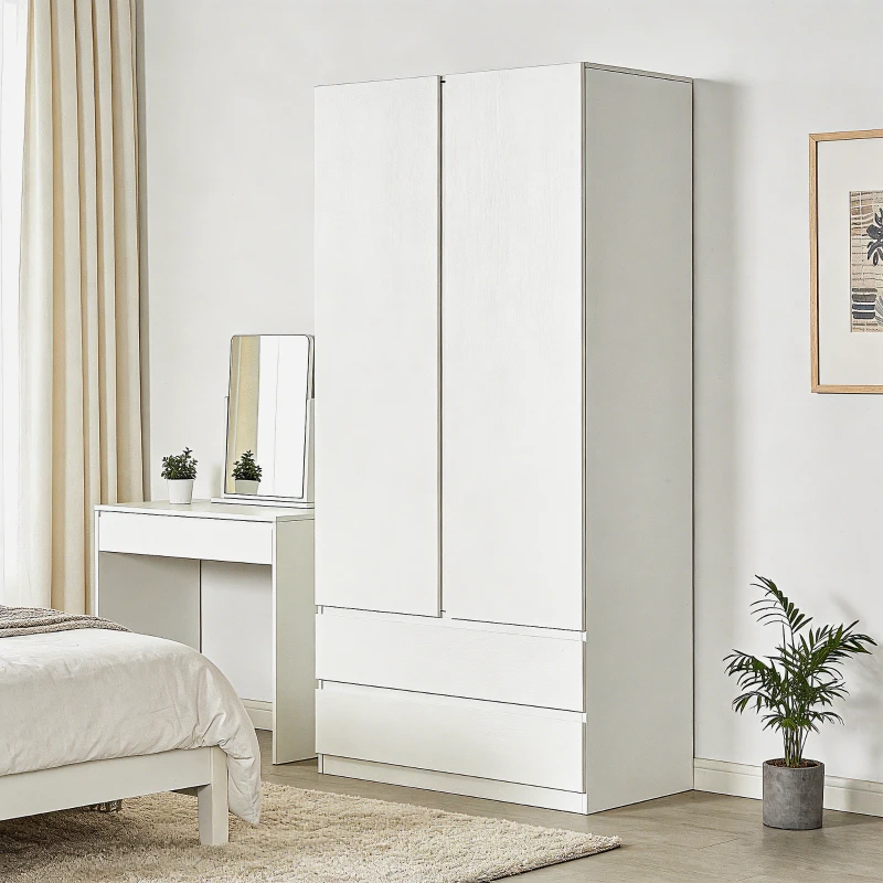 HOMCOM Armadio Guardaroba in Truciolato Bianco con Appendiabiti e 2 Cassetti Scorrevoli per Camere da Letto, 100x60x200 cm