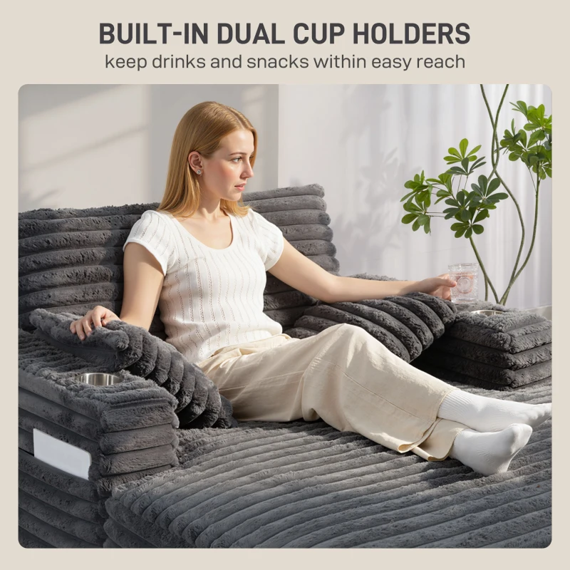 HOMCOM Szezlong 2-osobowy, sofa z funkcją spania 134 x 151 cm z uchwytami na napoje, do salonu, szara