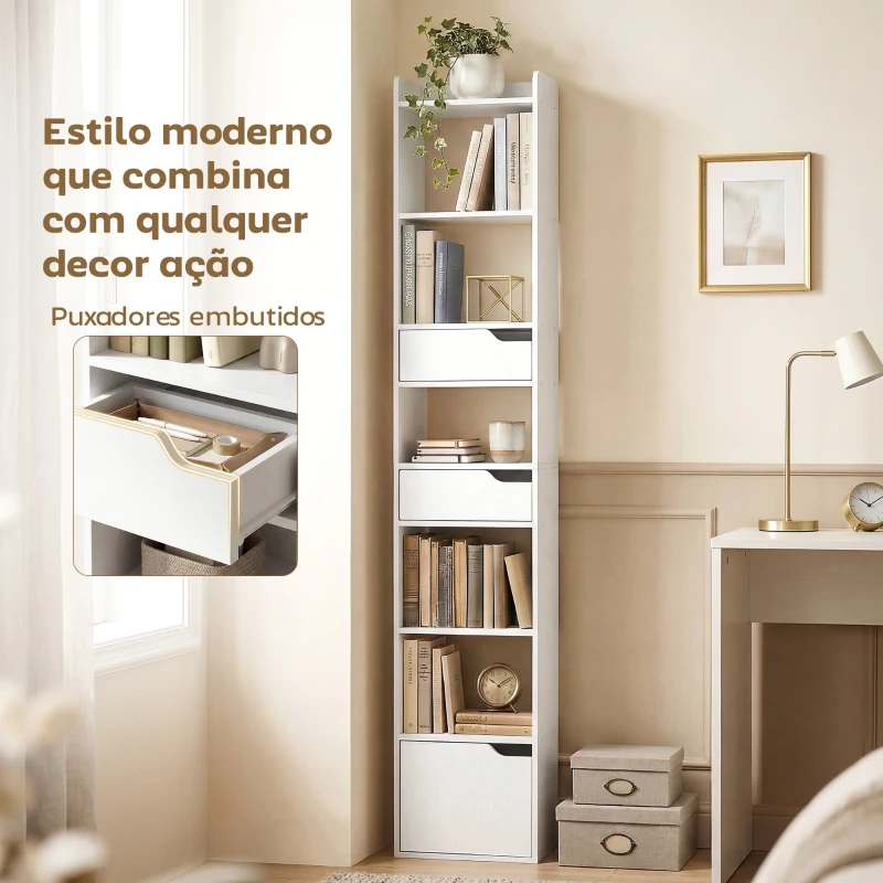HOMCOM Estante para Livros com 2 Gavetas e Porta Estante Estreita com 6 Prateleiras Abertas 32x24x181,5 cm Branco