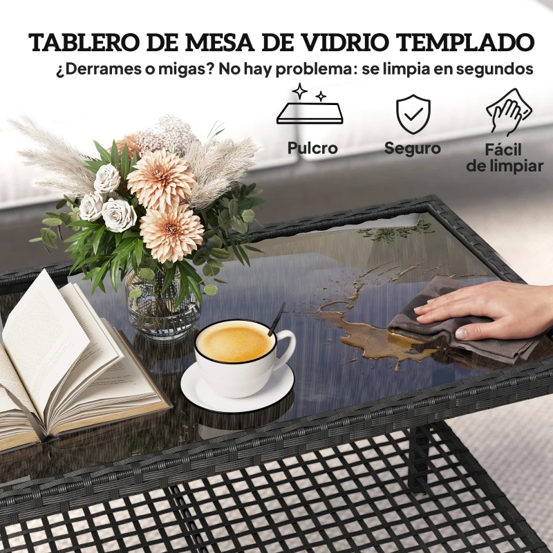 Outsunny Mesa de Jardín de Ratán Mesita Auxiliar con Estante Tablero de Vidrio Templado Estructura de Acero 92x50x45 cm Negro