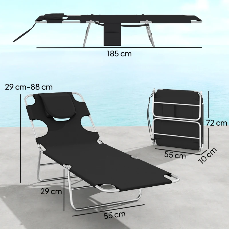 Outsunny 5-Position Adjustable Sun Loungers Set of 2 with Reading Hole and Side Pocket, Black