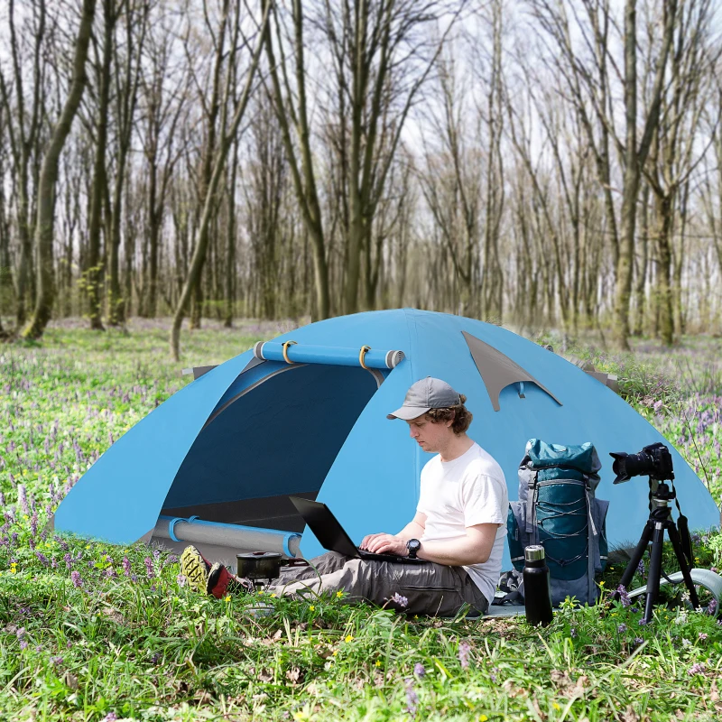 Outsunny Tente de camping 2-3 personnes dôme légère ventilée avec portes zippées sac de transport inclus 268 x 214 x 103 cm bleu
