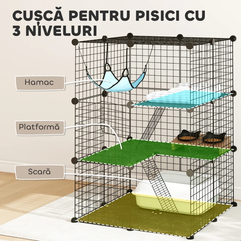 PawHut Cușcă pentru Pisici Gard Personalizabil pe 3 Niveluri, 105 cm, Negru